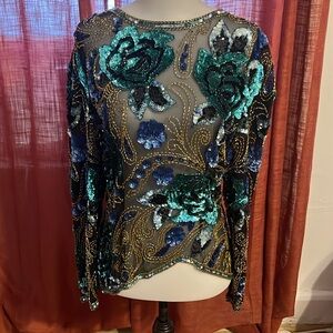 VINTAGE Scala SILK Top Blouse Sz 6 (small) Beaded Sequined top